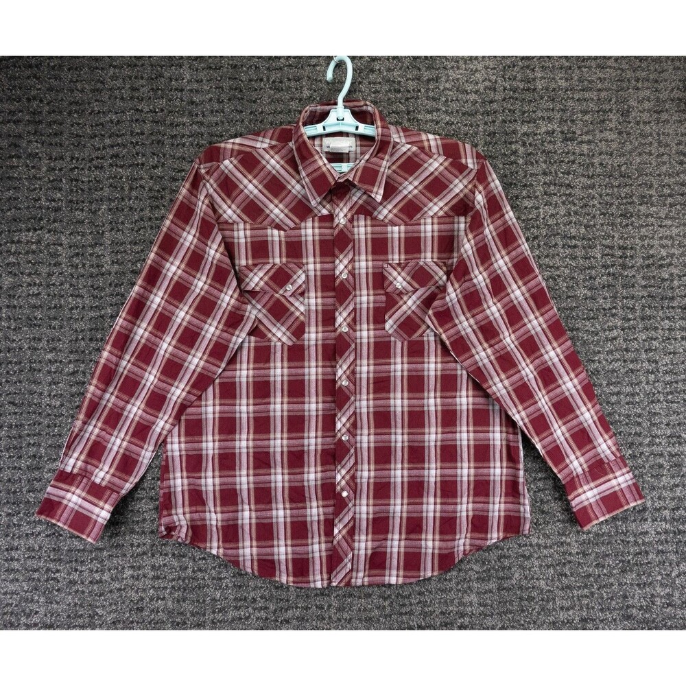 Wrangler Wrancher Shirt Mens XL Red Plaid Long Sleeve Western Pearl Snap Cowboy